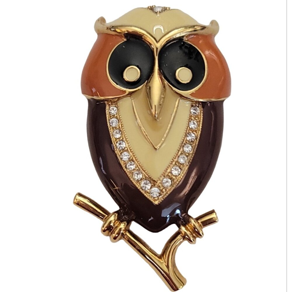 Marie Brand Gold Tone, Enamel, Rhinestone Owl Brooch Pendant, Signed M734